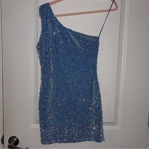 One-Shoulder Blue Velvet - Iridescent Sequin Mini Dress